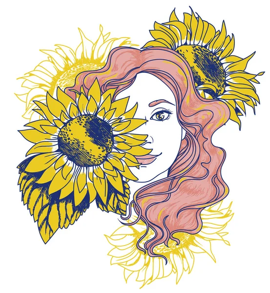 Pretty gilr with long curly pink hair and sunflowers — Stock Vector