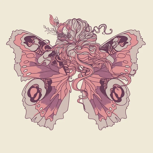 Mulher com flores no cabelo e asas de borboleta — Vetor de Stock