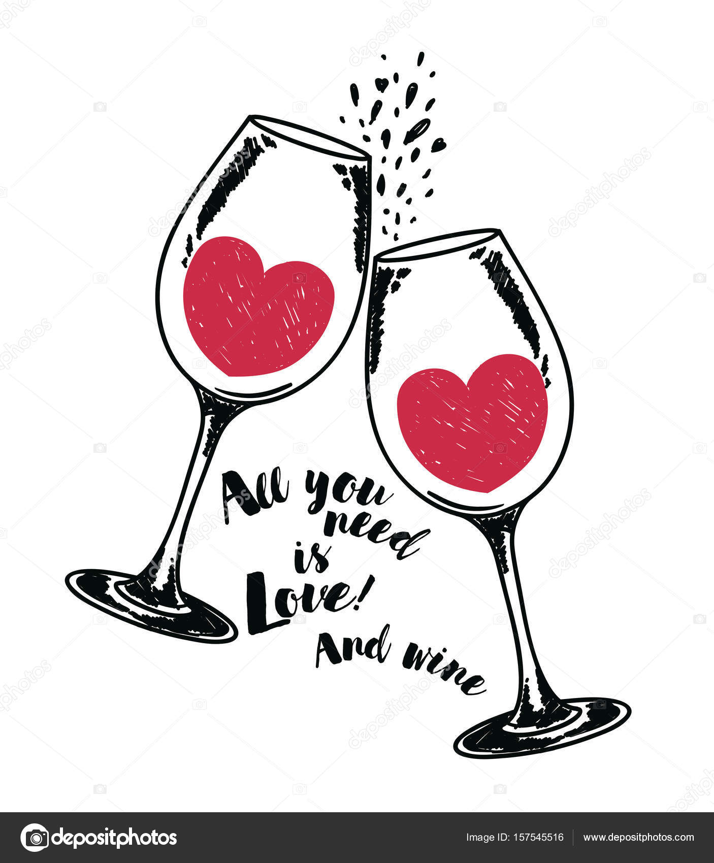 "All you need is love and wine" poster with two wine glasses and hearts