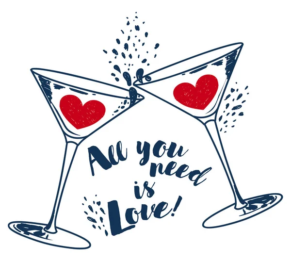 "All you need is love "poster with two martini glasses and hearts — стоковый вектор