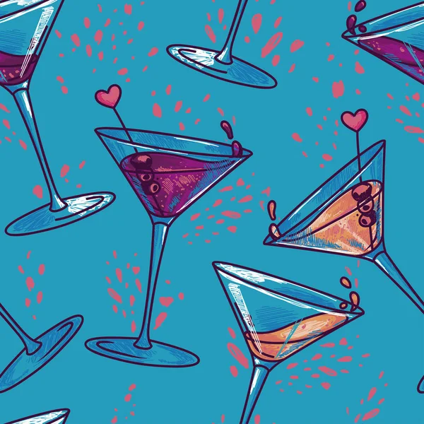 Seamless mönster med cocktails och hjärtan — Stock vektor