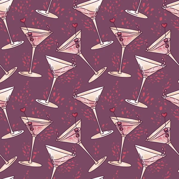 Seamless pattern with cocktails and hearts — Stock Vector