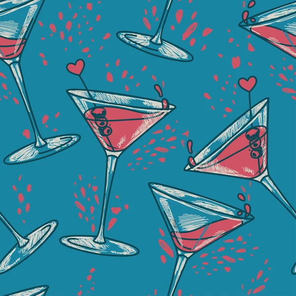 Motif sans couture avec cocktails et coeurs — Image vectorielle