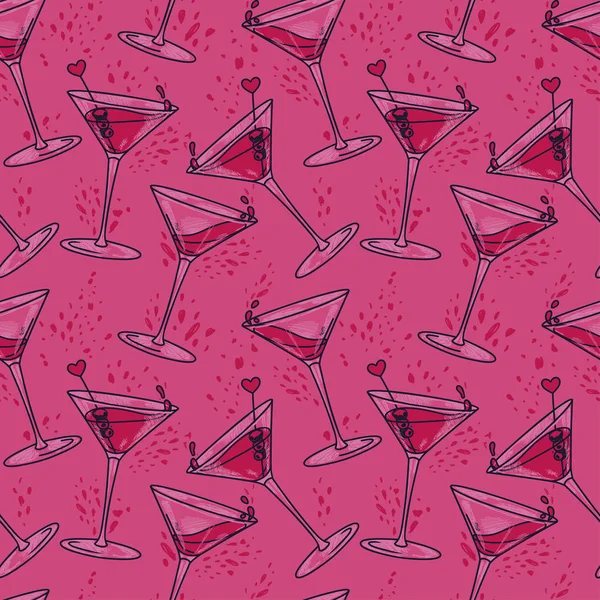 Seamless pattern with cocktails and hearts — Stock Vector