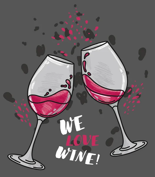 "我们喜欢葡萄酒"海报与两个酒杯 — 图库矢量图片