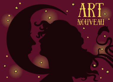 güzel poster art nouveau tarzında kadın profili ve ayda gece yıldızlı arka plan