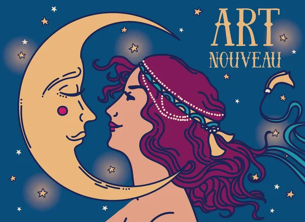 Hermoso cartel en estilo art nouveau con perfil de mujer y luna sobre fondo estrellado de noche — Vector de stock