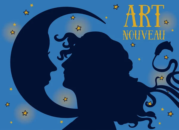 Bellissimo poster in stile liberty con profilo donna e luna su sfondo stellato notte — Vettoriale Stock