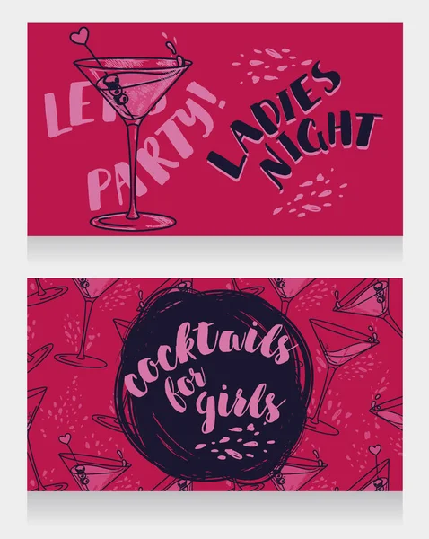 Banners for ladies night party with bright cocktails — Stock Vector