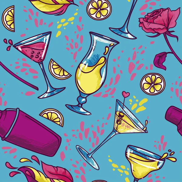 Seamless pattern with cocktails, flowers and splashes — Stock Vector
