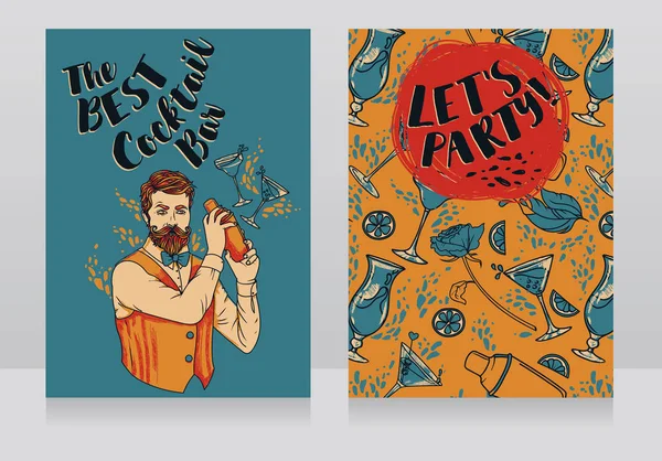 Dois banners para bar de coquetéis com barman na moda — Vetor de Stock