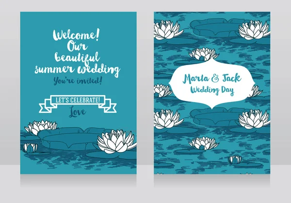 Twee kaarten voor de bruiloft met waterlelies — Stockvector