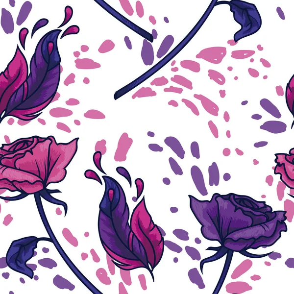 Naadloze patroon met rozen, veren en spatten — Stockvector