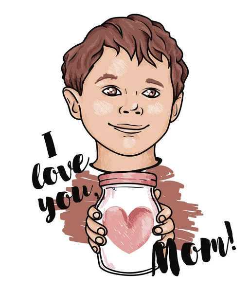 Cartel para el Día de la Madre con lindo niño sonriente — Vector de stock