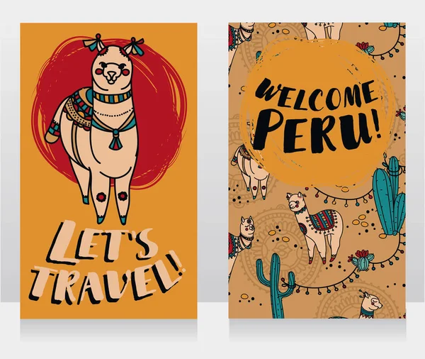 Dos pancartas para viajar a Perú con lindo doodle alapacas — Vector de stock