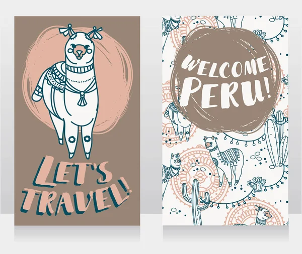 Dois banner para viajar para o Peru com doodle alapacas bonito — Vetor de Stock