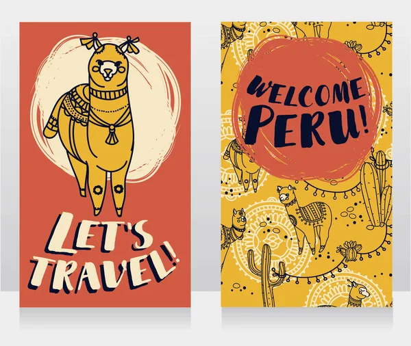 Två banner för resa till Peru med söt doodle alapacas — Stock vektor