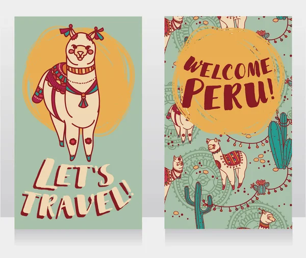 Dois banner para viajar para o Peru com doodle alapacas bonito —  Vetores de Stock