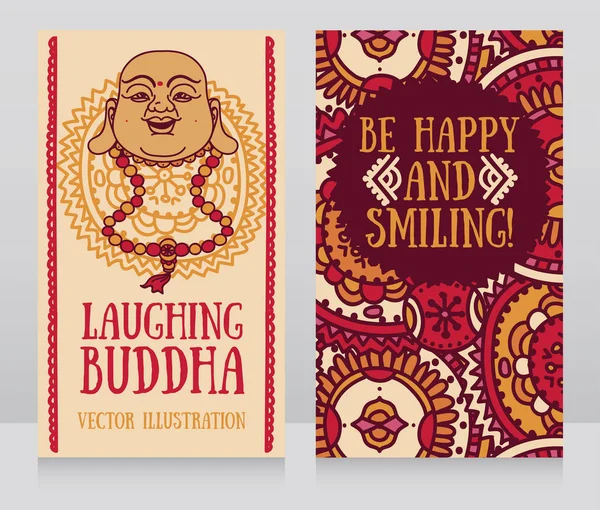Tarjetas de felicitación con la cabeza de Buda Sonriente — Archivo Imágenes Vectoriales