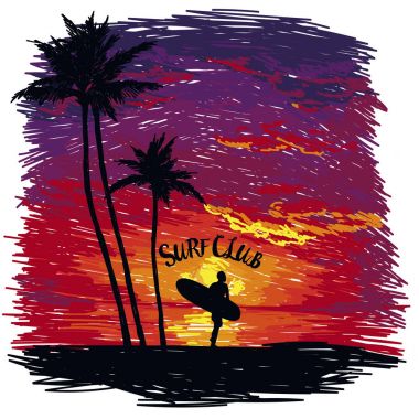 Tropikal günbatımında sörf tahtası adamla silüeti