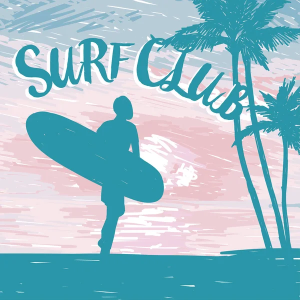 Sörf tahtası tropik gündoğumu veya ihale günbatımı adamla silüeti