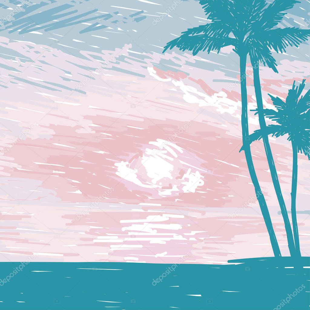 poster with ocean sunrise or tender sunset in sketch style