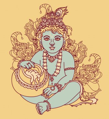 Bir tencerede tereyağı ile küçük Krishna