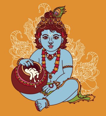 Bir tencerede tereyağı ile küçük Krishna