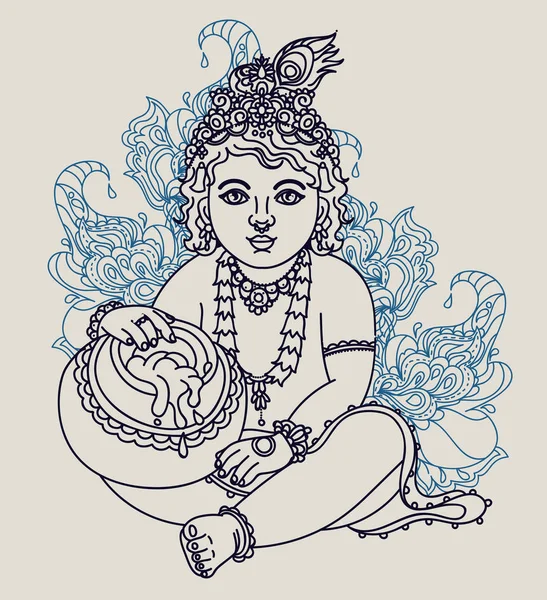 Pequeño Krishna con una olla de mantequilla — Vector de stock