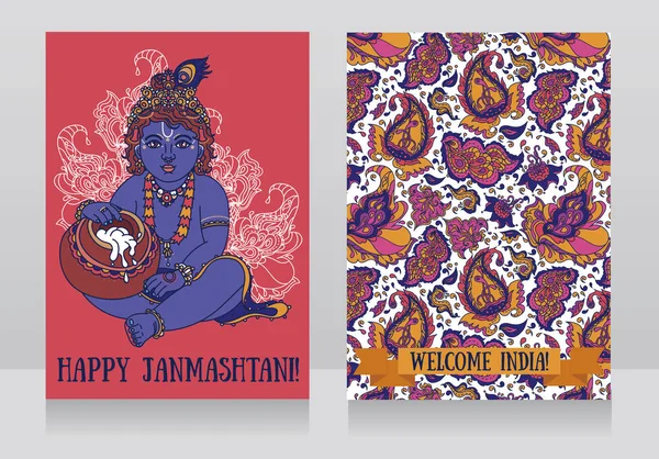 Dos tarjetas de felicitación para el cumpleaños de Krishna con Little Krishna y una olla de mantequilla — Vector de stock