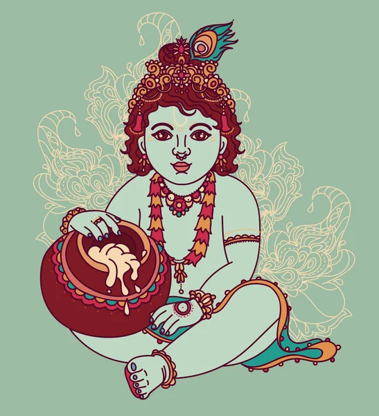 Kleine Krishna mit einem Topf Butter — Stockvektor