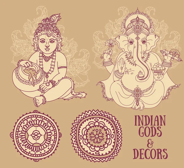 Set para fiestas indias con el Pequeño Krishna y el Señor Ganesha y adornos étnicos — Vector de stock