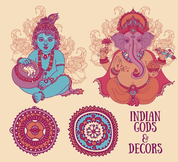 Set para fiestas indias con el Pequeño Krishna y el Señor Ganesha y adornos étnicos — Vector de stock