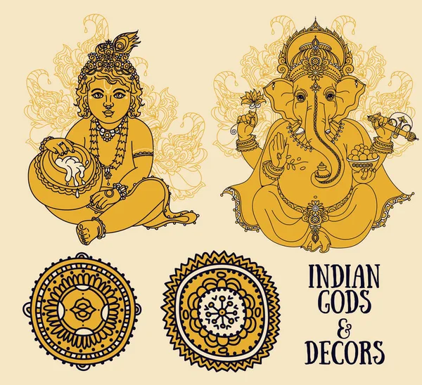 Pro indické svátky s malou Krishna a Lord Ganesha a etnické ornamenty — Stockový vektor