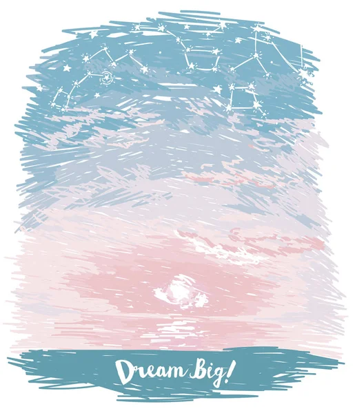 海の日の出または入札のサンセットと星空スケッチ スタイルと夢のためのポスター — ストックベクタ