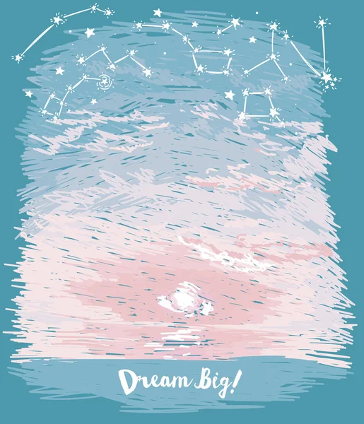 Αφίσα για τα όνειρα με την Ανατολή στον ωκεανό ή διαγωνισμού ηλιοβασίλεμα και έναστρο ουρανό σε στυλ σκίτσο — Διανυσματικό Αρχείο