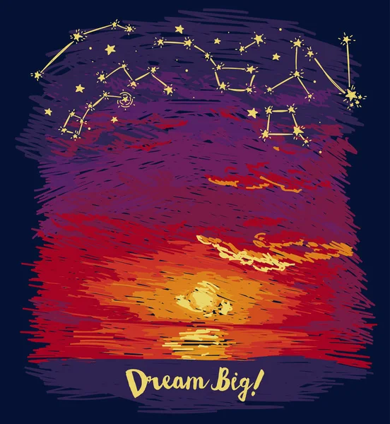 Affiche pour les rêves avec coucher de soleil sur l'océan et ciel étoilé dans le style croquis — Image vectorielle