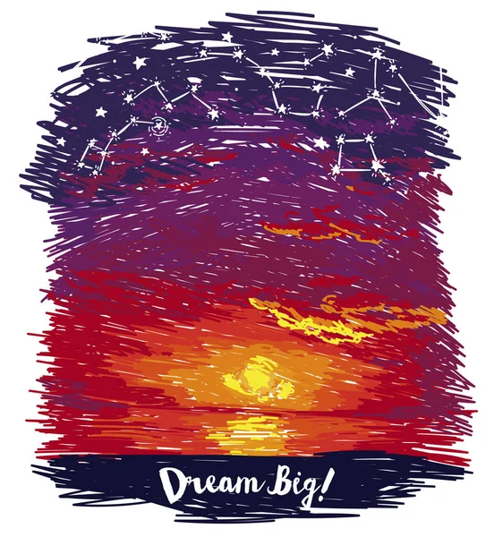 梦想与海洋日落的星空下天空中的素描样式的海报 — 图库矢量图片