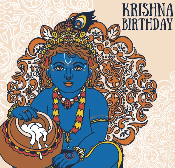 Tarjeta de felicitación para el cumpleaños de Krishna — Archivo Imágenes Vectoriales