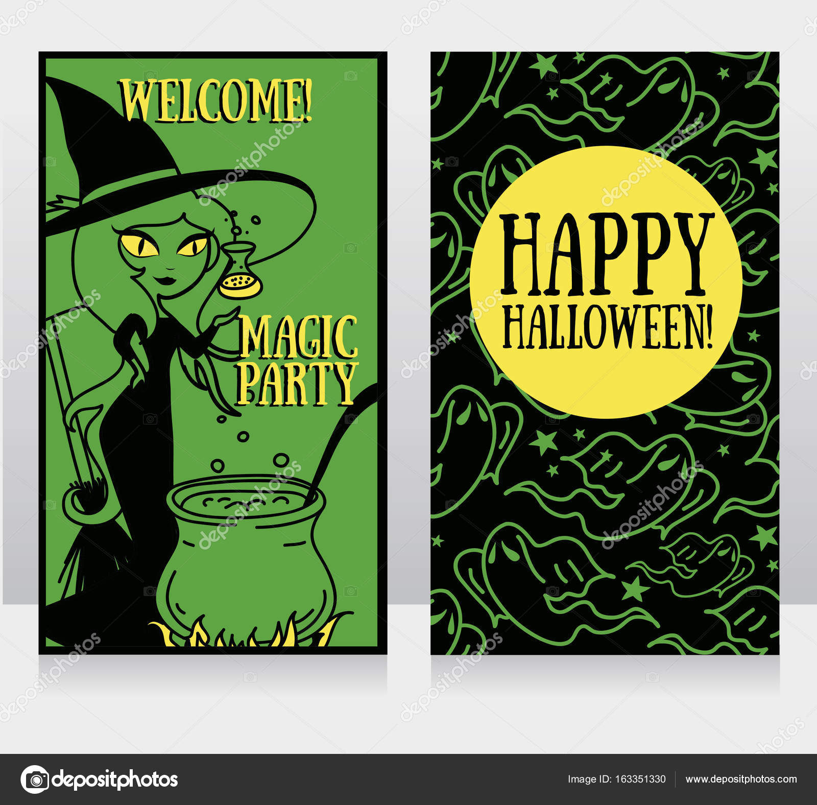 かわいい漫画の魔女が毒を作るとハロウィーン パーティーの招待状のテンプレート ストックベクター C Ghouliirina
