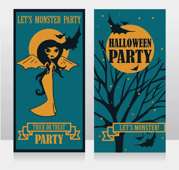 Plantilla para invitaciones de fiesta de Halloween con doodle lady vimpire y murciélagos — Vector de stock