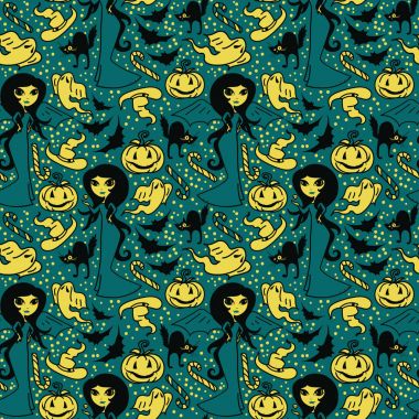 şirin doodle Cadılar ve geleneksel Cadılar Bayramı şeyler ile Seamless Modeli