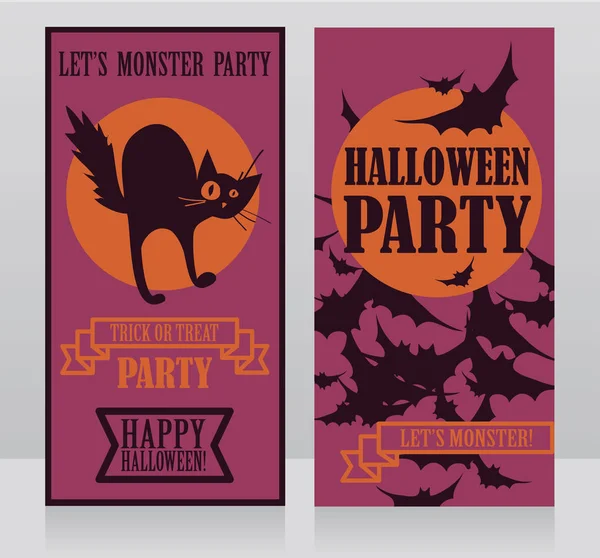 Plantilla para invitaciones de fiesta de Halloween con el estilo tradicional de dibujos animados gato negro y murciélagos — Vector de stock