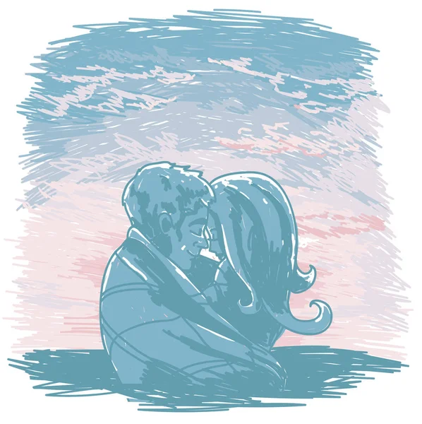 Póster con silueta de pareja besándose al amanecer o fondo tierno al atardecer en estilo sketch — Vector de stock