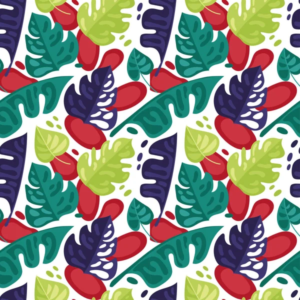 无缝模式与多彩的热带树叶在平面样式 — 图库矢量图片