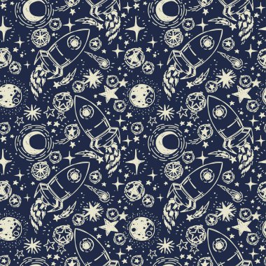 Kroki tarzı yıldız, roketler, kuyruklu yıldızlar ve gezegenler ile Seamless Modeli