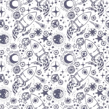 Kroki tarzı yıldız, roketler, kuyruklu yıldızlar ve gezegenler ile Seamless Modeli