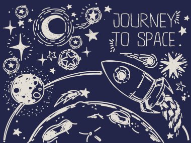 Kroki yıldız, roka, kuyruklu yıldızlar ve gezegenler ile banner