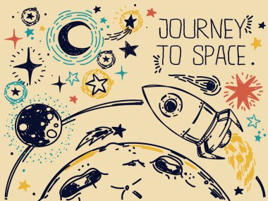 Kroki yıldız, roka, kuyruklu yıldızlar ve gezegenler ile banner