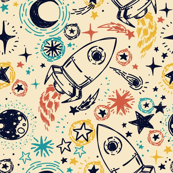 Seamless pattern with sketch style stars, rockets, comets and planets — Stock Vector